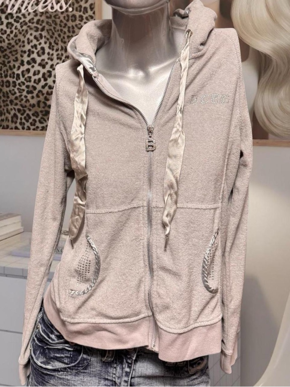 BCBG Grey Terry-Towel Rhinestone Logo Ribbon Detail Vintage Y2K Hoodie